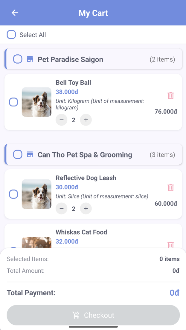 FPet - Shopping Cart Interface for Pet Services and Products