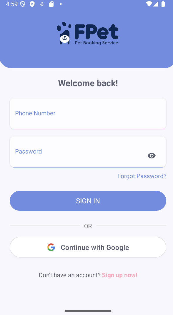 FPet - User Authentication Screen with Branded Login Interface